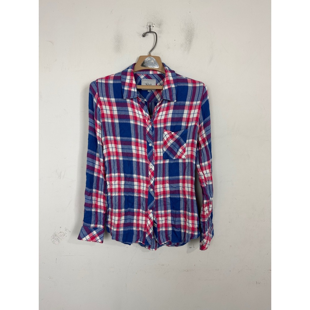 Rails Hunter Marina Flamingo Plaid Button Down Shirt Blue Pink Rayon Small